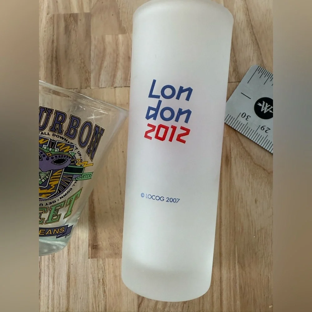 Fun 4 Shot Glass Set London 2012 Olympics, Haiti, Cheers Boston, New Orleans